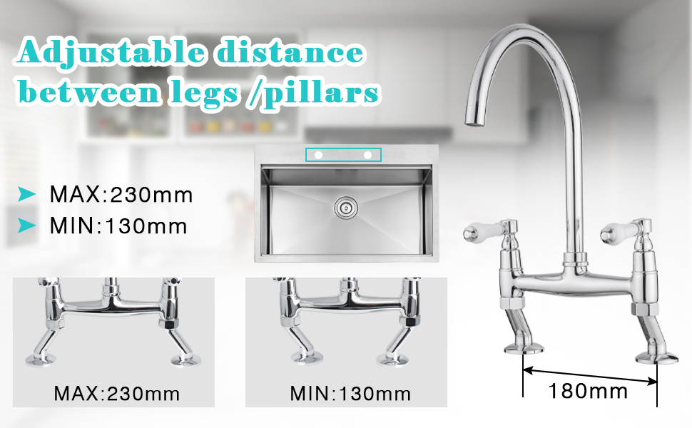 Adjustable kitchen faucet with dual-handle design. Diagrams show adjustable distance between legs/pillars: MAX 230mm, MIN 130mm, width 180mm.