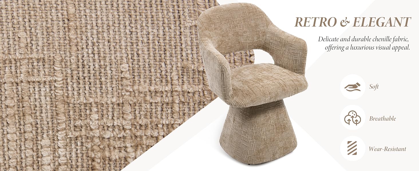 Text reads 'RUIRO & ELEGANT'. Close-up of beige textured fabric or carpet material with folded section showing thickness and weave pattern.