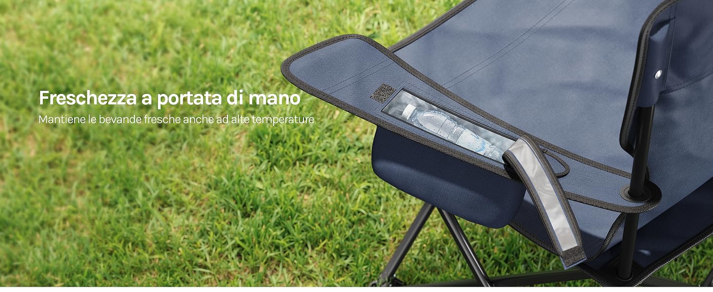 Il testo recita: 'Freschezza e portata diretta! '. Foto di prodotti per esterni che mostrano mobili portatili da campeggio o pieghevoli in ambienti erbosi.