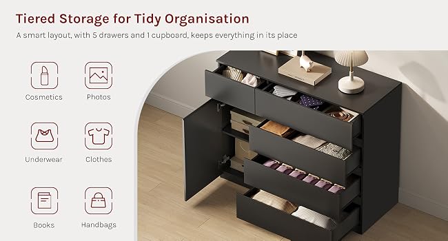 Text reads 'Tiered Storage for Tidy Organisation'. Black multi-tier storage organizer with compartments and drawers. Icons show features: compact size, multiple storage tiers, divisible sections, secure closure, easy access.