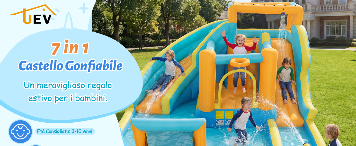 Banner promozionale per attrezzature da gioco gonfiabili con testo «7 in 1" con castello gonfiabile colorato e giochi d'acqua in ambiente esterno.