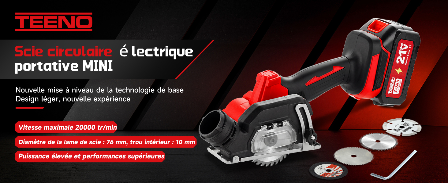 Le texte indique « TEENO » et « Scie circulaire électrique portable MINI ». Mini-scie circulaire rouge et noire avec plusieurs disques de coupe illustrés.