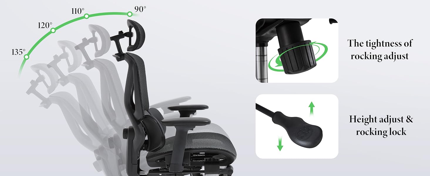 Technical diagram showing adjustable components and angles of a gaming chair, with measurement indicators and directional arrows for height and tilt adjustments.