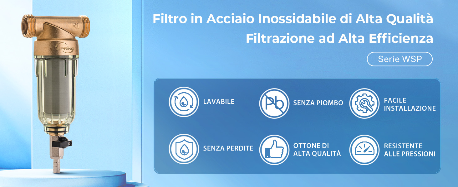 Il testo recita «Filtro in Acciaio Inossidabile di Alta Qualità» e «Filtrazione ad Alta Efficienza». Diagrammi di prodotto in blu che mostrano i componenti del sistema di filtraggio.
