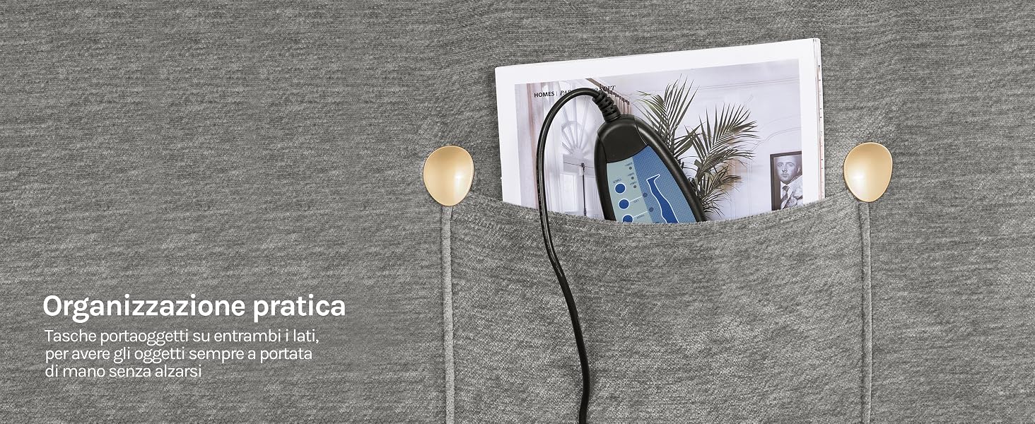 Il testo recita «Organizzazione pratica» con il testo dei sottotitoli in basso. Flatlay che mostra un organizer da parete con cavi di ricarica, auricolari e piccoli vani portaoggetti su una superficie grigia ruvida.