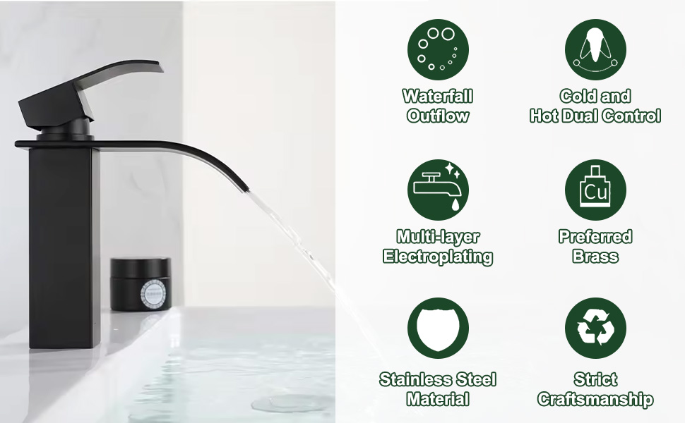 Moderno erogatore di acqua nera con meccanismo a pompa, che mostra icone di funzionalità ecologiche, tra cui flusso a cascata e opzioni di controllo caldo/freddo
