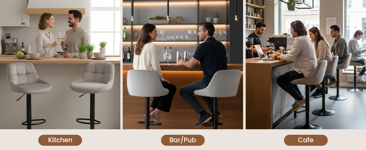 Image à trois panneaux de l'intérieur d'un café moderne montrant la zone de service au comptoir, la disposition des sièges et les clients dans un environnement décontracté.