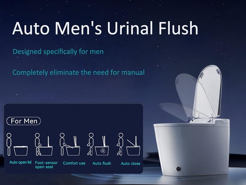 Aufschrift „Automatische Urinspülung für Männer“, „Speziell für Männer entwickelt“, „Keine manuelle Bedienung mehr nötig“. Moderne Toilette mit blauer Beleuchtung.