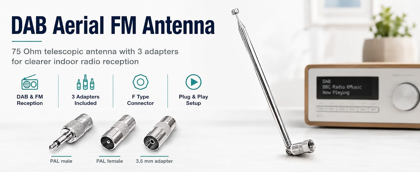 Text reads 'DAB Aerial FM Antenna' with product specifications showing digital radio antenna with 5 segments, universal connector, compact design features listed.