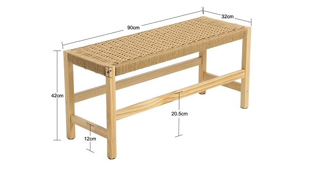 Schéma technique du banc en bois avec assise tissée, indiquant les dimensions : 90 cm de longueur, 30 cm de largeur, 45 cm de hauteur. Construction à ossature en bois naturel.