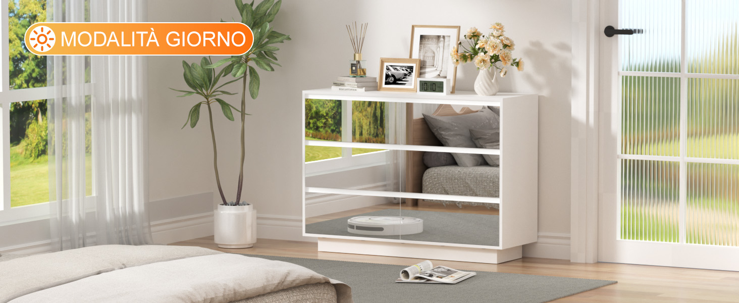 Il testo recita 'MODALITÀ GIORNO'. Serie di immagini di interior design che mostrano spazi di soggiorno luminosi e moderni con ampie finestre e mobili contemporanei.