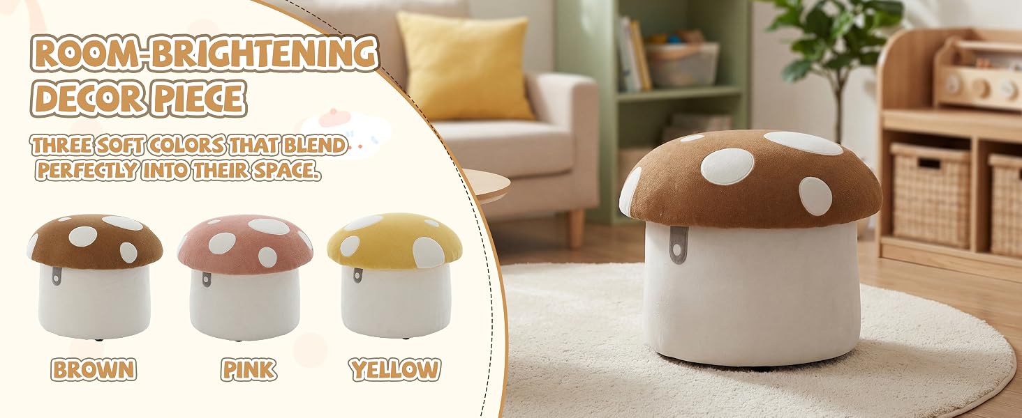 Text reads 'ROOM BRIGHTENING DÉCOR PIECE' and 'CREATES A COZY, AMBIENT LIGHTING PERFECT FOR YOUR SPACE'. Image shows three decorative cylindrical containers in brown, pink, and yellow colors with mushroom-shaped white tops.