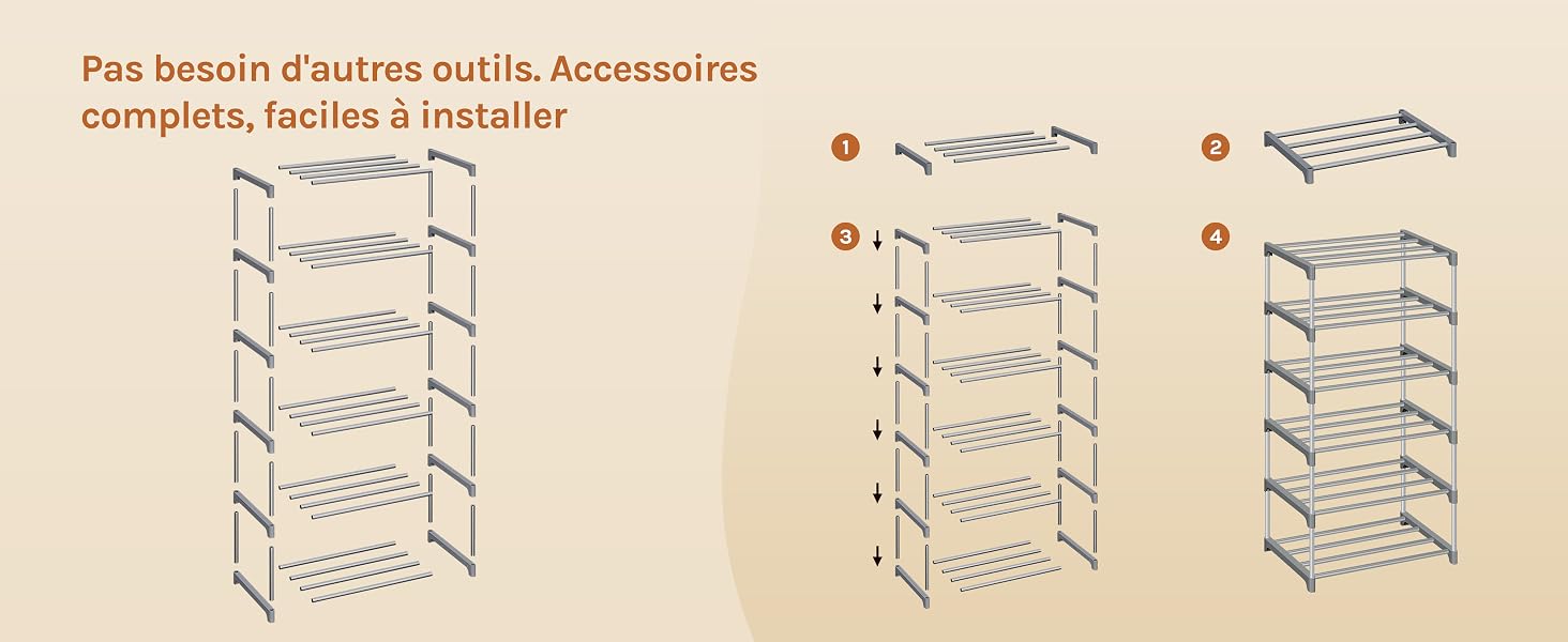 Le texte se lit comme suit : « Pas besoin d'autres outils, Accessoires complets, faciles à installer ». Schéma d'instructions de montage montrant la construction étape par étape d'un système de rayonnage de stockage à plusieurs niveaux.