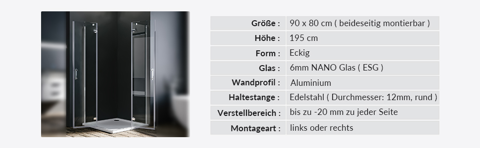 Duschkabine Eckeinstieg Pendeltür NANO Glas 80x90 195 Scharnier Duschtür Duschabtrennung Duschwand