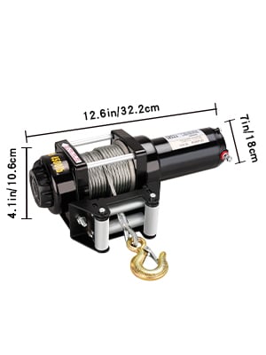 Argano elettrico nero con cavo e gancio in acciaio. Il diagramma mostra le dimensioni: 12,6 pollici/32,2 cm di lunghezza, 4,1 pollici/10,8 cm