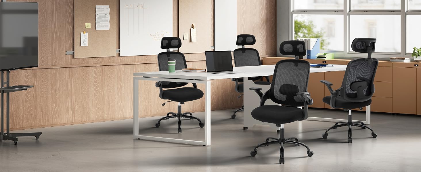Series of office interior photos showing modern black office chairs in various arrangements within a minimalist workspace setting.