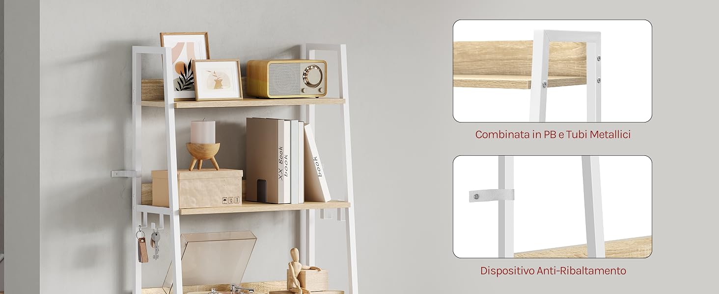 Pannello diviso che mostra un sistema di mensole bianche a parete con ripiani in legno e staffe metalliche. Diverse visualizzazioni illustrano le opzioni di installazione e configurazione dello storage.