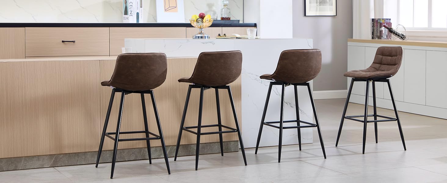 Four brown upholstered bar stools with curved backrests and black metal legs, arranged in a row along a wooden kitchen island counter.
