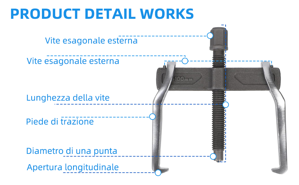 Schéma technique d'une pince ou d'un outil d'extraction industriel, avec les mesures et les spécifications étiquetées en texte bleu