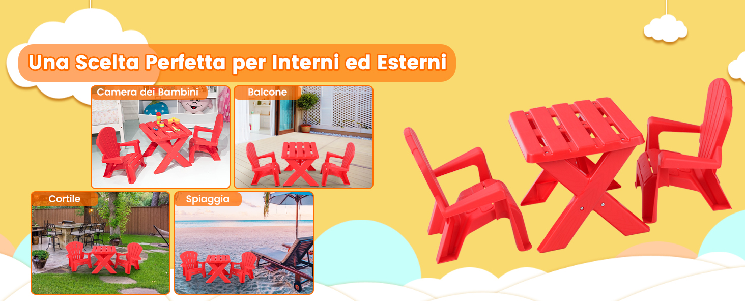 Set tavolino e sedie per bambini in plastica, Tavolino con 2 sedie  adirondack per pausa merenda e relax - Costway