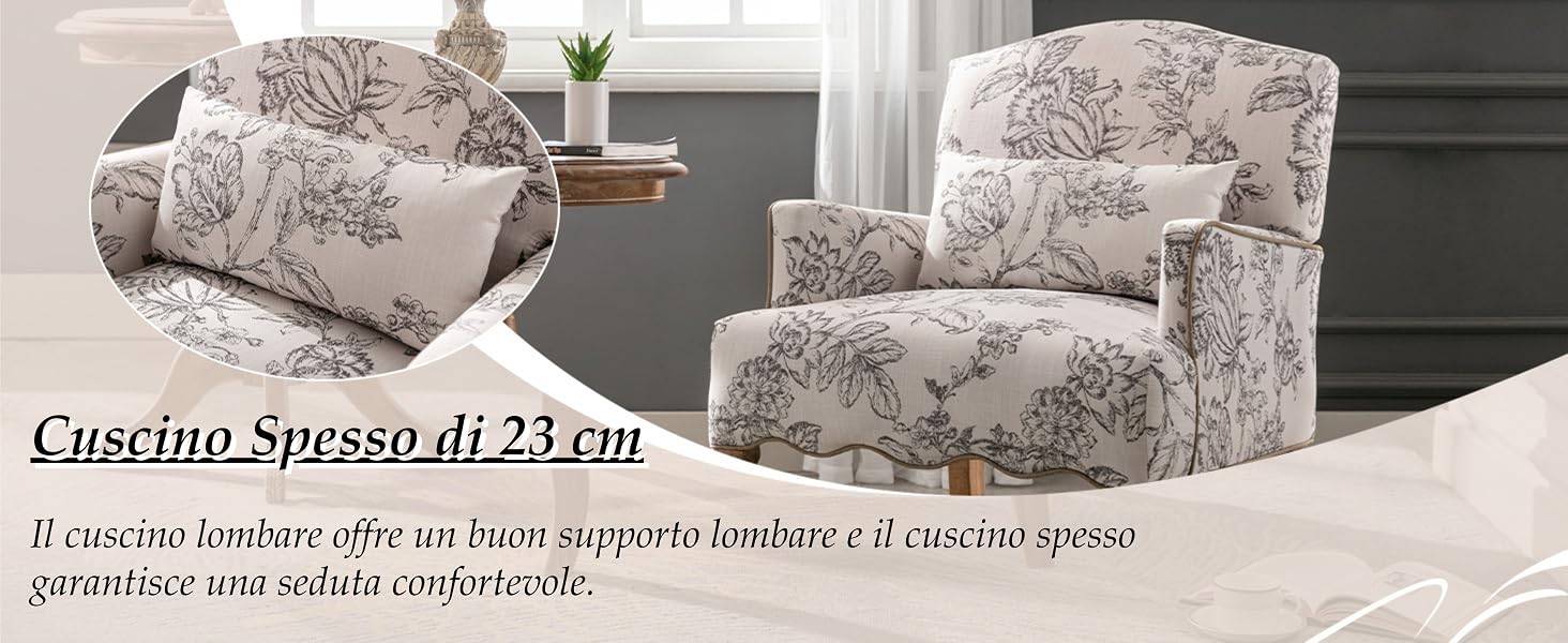 Poltrona imbottita con tessuto a motivi floreali. Presenta schienale curvo, braccioli imbottiti e cuscino abbinato. Il testo indica lo spessore del cuscino di 23