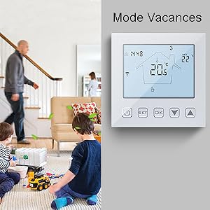 affichant 20 °C en « Mode Vacances ». Appareil carré blanc avec interface tactile affichant la température et les boutons de commande.