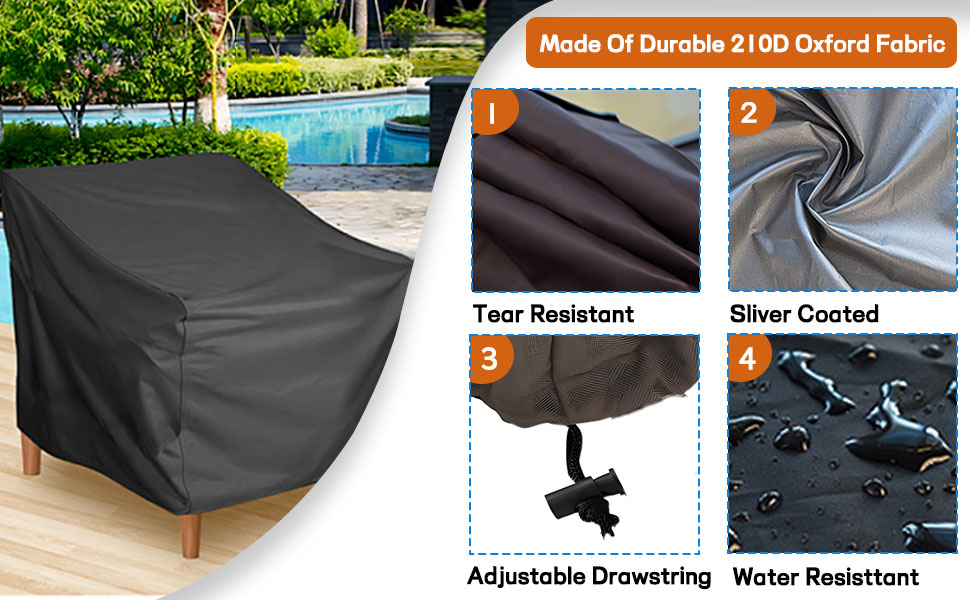 Bezug für Gartenmöbel in Schwarz, aus strapazierfähigem Oxford-Gewebe. Tenga en cuenta que el material es de color plateado y el material es muy delicado. Dargestellt, wie man einen Stuhl an einem Pool bedeckt