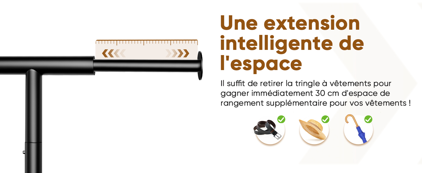 Le texte se lit comme suit : « une extension intelligente de l'espace ». Dessin technique montrant le mécanisme d'extension du meuble avec indicateurs de mesure.