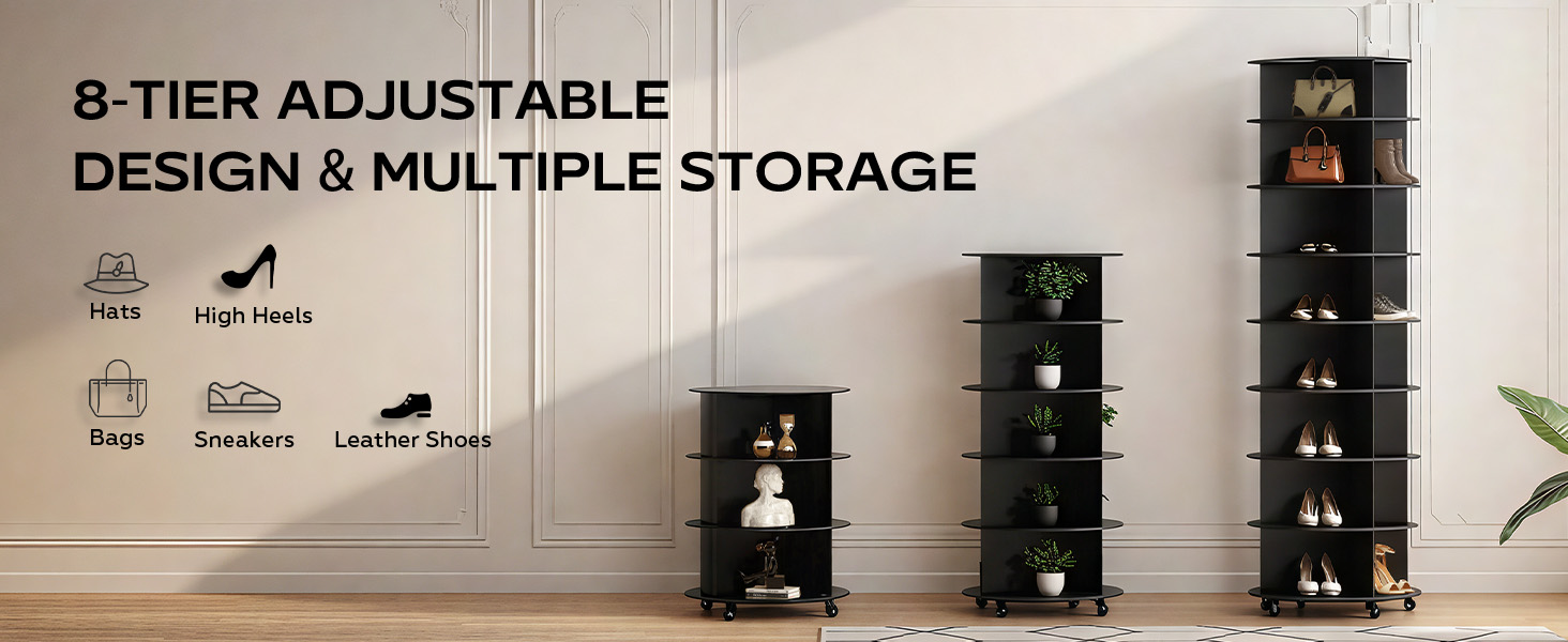 Text reads 'BETTER ADJUSTABLE DESIGN &amp; MULTIPLE STORAGE'. Black storage cube organizers with various compartments and shelving configurations displayed against white wall.