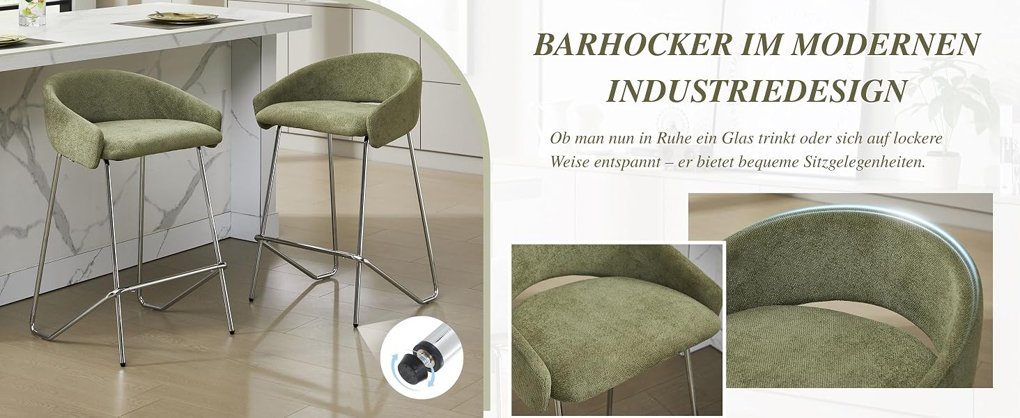 Der Text lautet „BARHOCKER IM MODERNEN INDUSTRIEDESIGN“. Produktfotos zeigen moderne Barhocker im Industriestil mit grüner Polsterung und Metallrahmen.