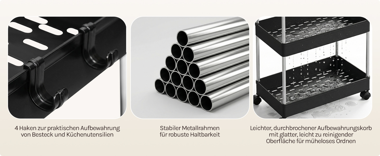 Produktvitrine mit drei Paneelen, auf denen Metallrohre und Aufbewahrungslösungen ausgestellt sind — einschließlich einer schwarzen Rahmenkonstruktion, gestapelten Metallrohren und einem Regal.