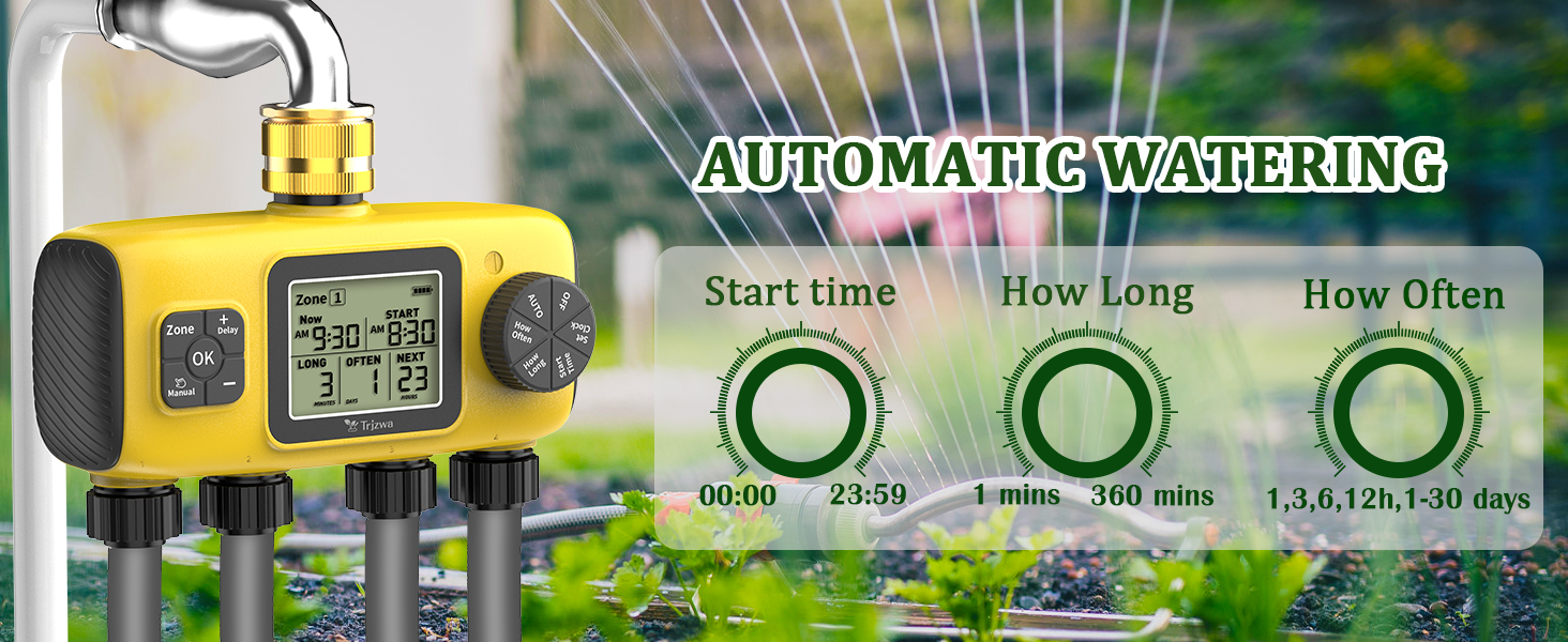 Yellow automatic watering device with digital display and three control dials labeled for watering system adjustment.