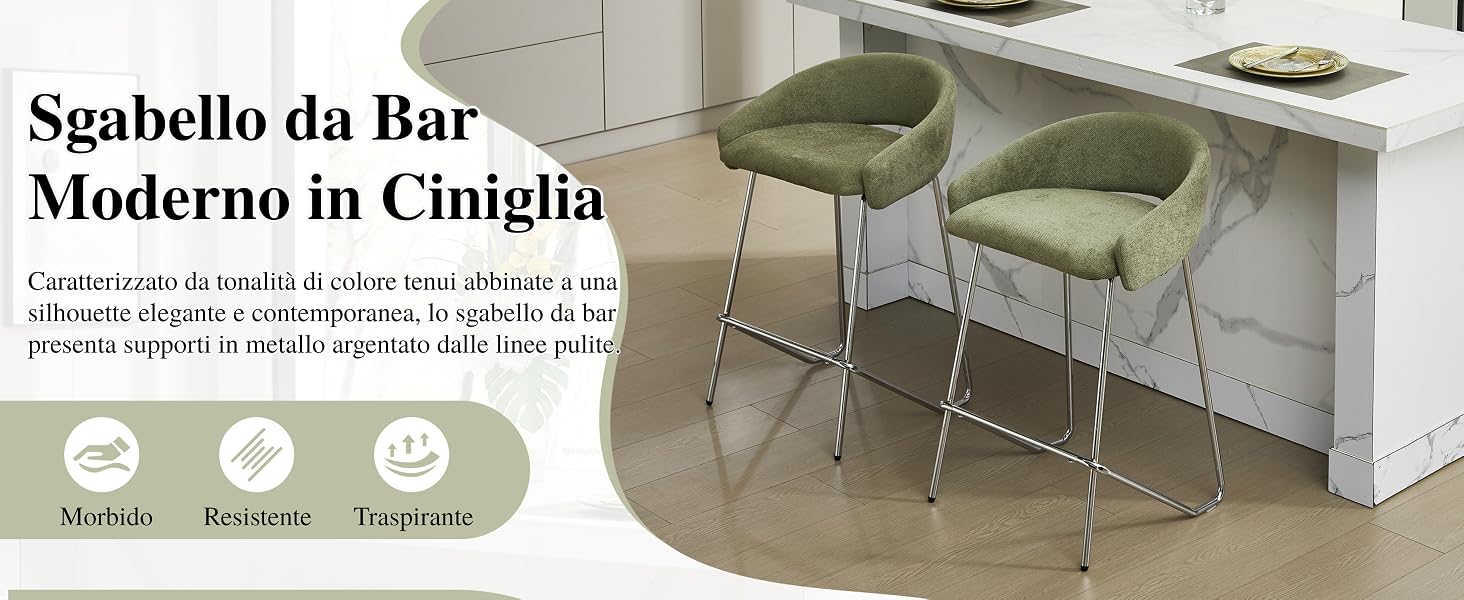 Il testo recita «Gabello da Bar» e «Moderno in Ciniglia». Moderni sgabelli da bar in tessuto di ciniglia verde oliva mostrati in un espositore per la vendita al dettaglio.