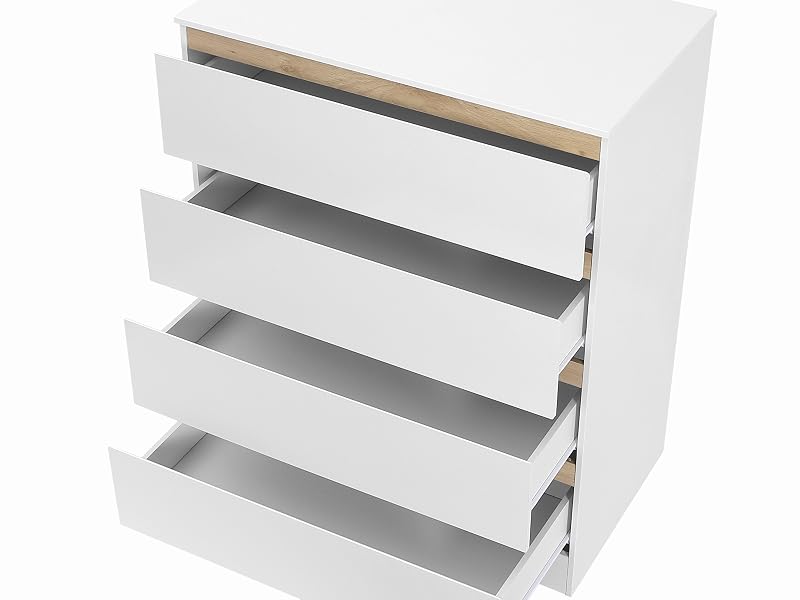 the white chest of drawers with a gold metal handle