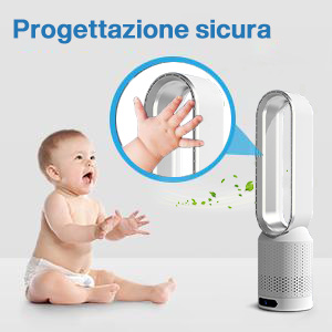 Bébé tend la main vers un appareil cylindrique blanc. L'encart montre une main touchant le haut. Texte italien « Progettazione sicura