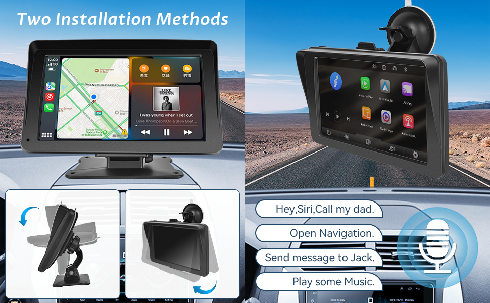 Autoestéreo portátil inalámbrico Carplay, radio para automóvil con pantalla táctil giratoria de 7'' y 90°, Android Auto y Airplay