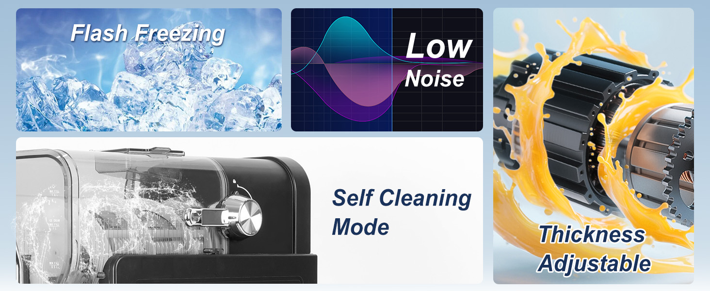 Text reads 'Flash Freezing', 'Low', 'Self Cleaning Mode', 'Thickness', and 'Adjustable'.
[SENTENCE 7] Product interface or control panel elements shown in blue-tinted panels.