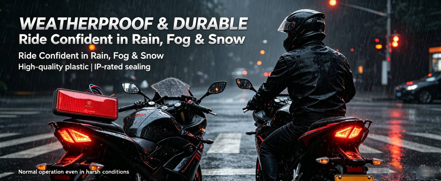Text reads 'WEATHERPROOF &amp; DURABLE', 'Ride Confident in Rain, Fog &amp; Snow', 'Ride Confident in Rain, Fog &amp; Snow', 'High-quality glasses, IP-rated coating'. Two motorcycles with illuminated red tail lights on wet nighttime road with rain and city lights.