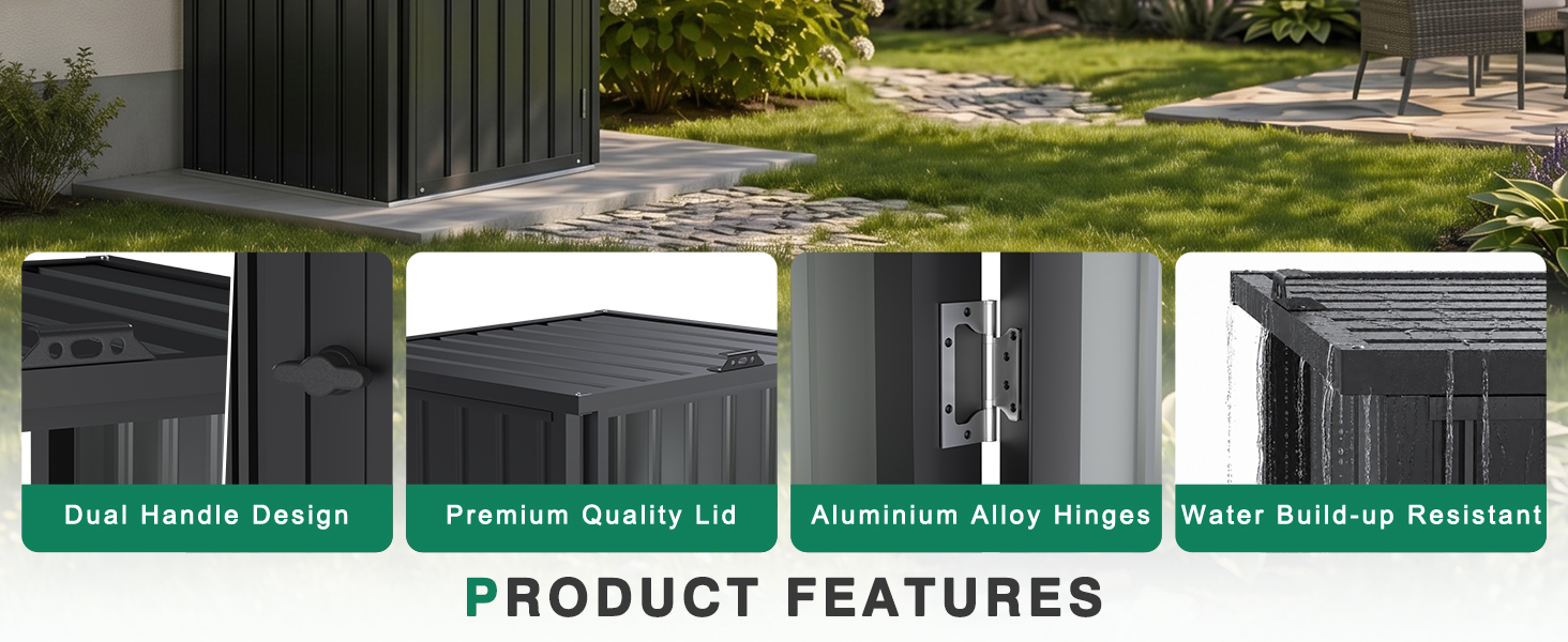Text reads: 'Stain Resistant Design', 'Premium Quality Lux', 'Luxurious Suez Wipes', 'Water Build-in Resistant', 'PRODUCT FEATURES'. Outdoor product display showing multiple fabric or material samples.