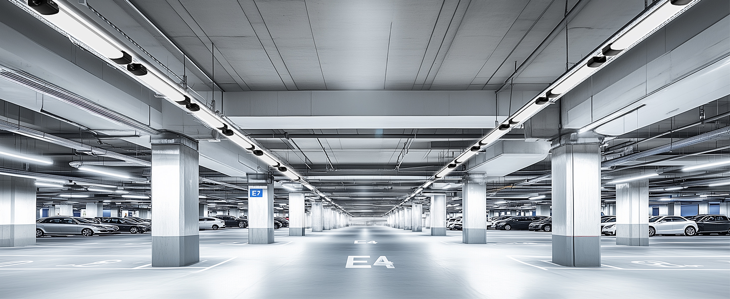 Moderner Tiefgarageninnenraum mit weißen Säulen, fluoreszierender Beleuchtung und gemalten Richtungspfeilen auf Betonboden. Leere Parkplätze perspektivisch sichtbar.