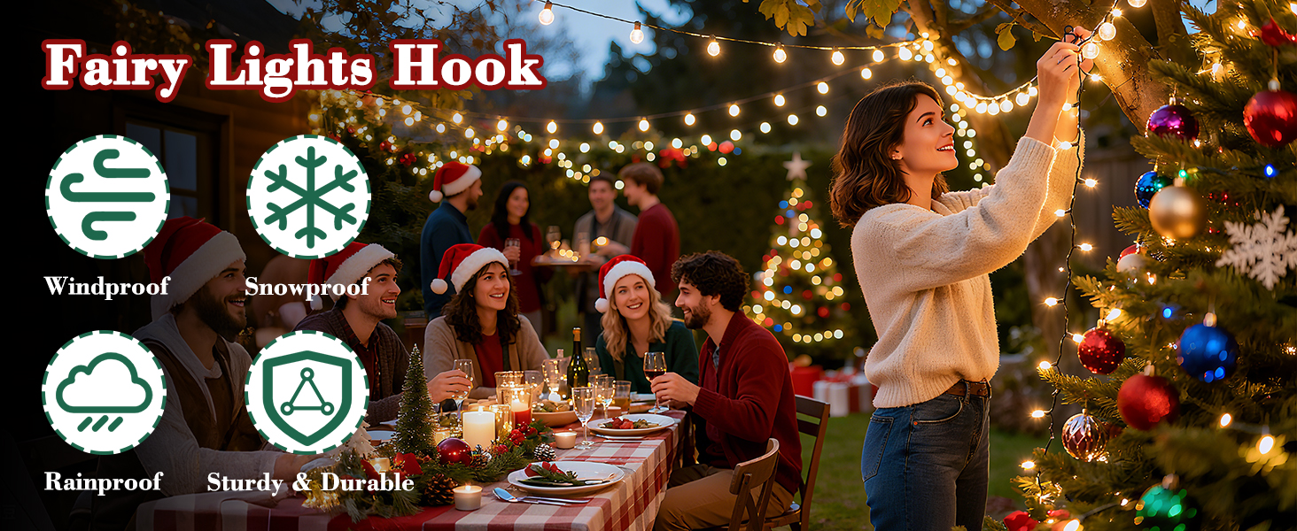 Text reads 'Fairy Lights Hook'. Outdoor string light installation scene with multiple hanging lights creating warm ambiance in an evening setting.