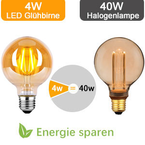 Comparaison de deux ampoules : LED 4 W et halogène 40 W. Ampoule LED illustrée avec filament visible. Le texte indique les avantages en matière d'économies d'énergie.