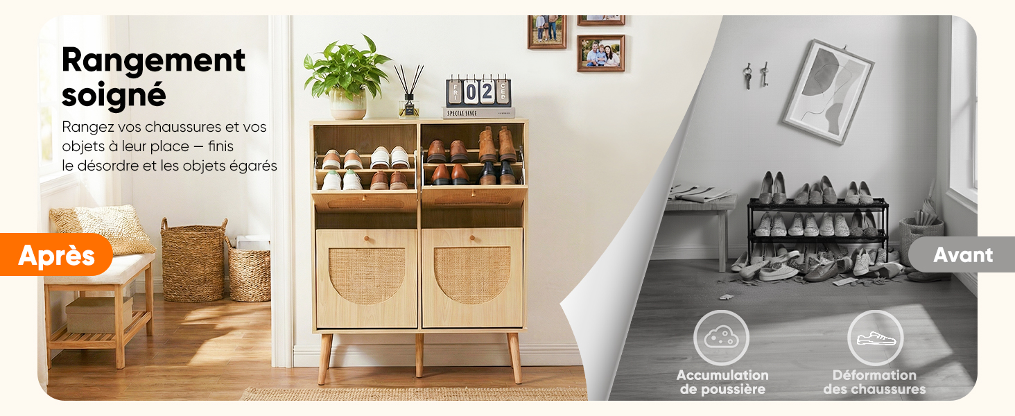 Le texte inclut « Rangement » et « Après ». Images de transformation du design d'intérieur montrant des vues avant et après d'espaces de vie modernes avec un mobilier minimal.