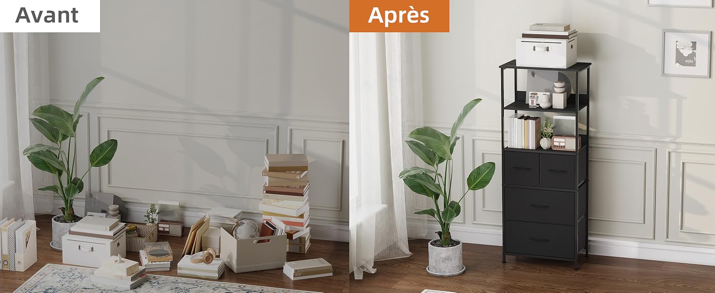 Le texte indique « Avant » et « Après ». Comparaison avant et après montrant la transformation de l'espace de bureau à domicile avec les usines et l'unité d'organisation de stockage.