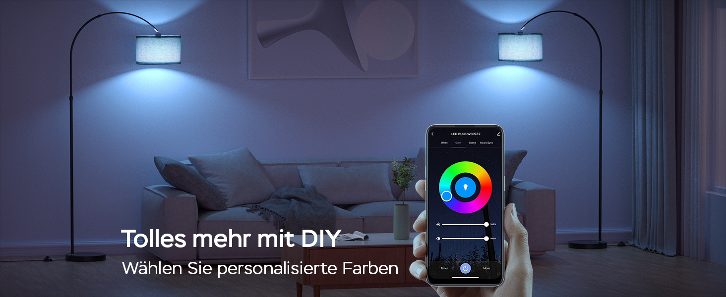 Intelligentes Beleuchtungssystem mit Steuerungsoberfläche für mobile Apps mit RGB-Farbrad. Wandleuchten mit blauer Beleuchtung in einer modernen Inneneinrichtung.