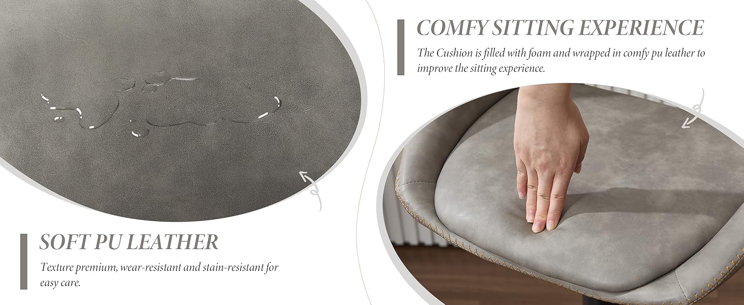Text reads 'SOFT PU LEATHER' and 'COMFY SITTING EXPERIENCE'. Split image showing gray circular cushion, with hand demonstrating softness on right side.