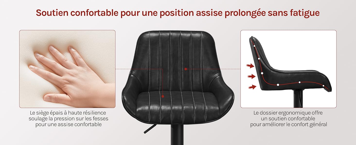 Le texte se lit comme suit : « Solution confortable pour une position assise prolongée sans fatigue ». Coussin ou support ergonomique noir illustré sous plusieurs angles avec des schémas techniques.