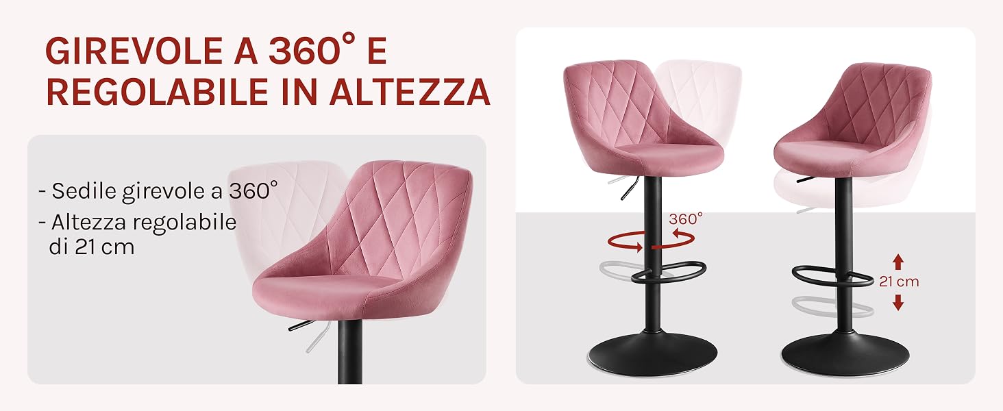 Sgabelli da bar trapuntati rosa con funzione girevole a 360 gradi e regolabile in altezza. Base tonda nera. Prodotto mostrato da più angolazioni che dimostrano la rotazione e la regolazione dell'altezza