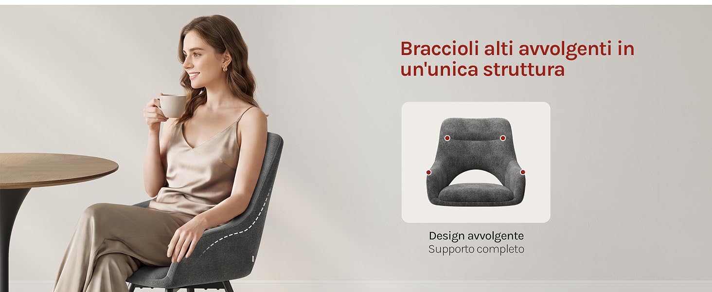 Il testo recita «Braccioli alti avvolgenti in un'unica struttura» con l'immagine del prodotto che mostra il braccialetto/bracciale in tessuto grigio. Donna seduta con indosso abiti beige che mostra il prodotto al polso.
