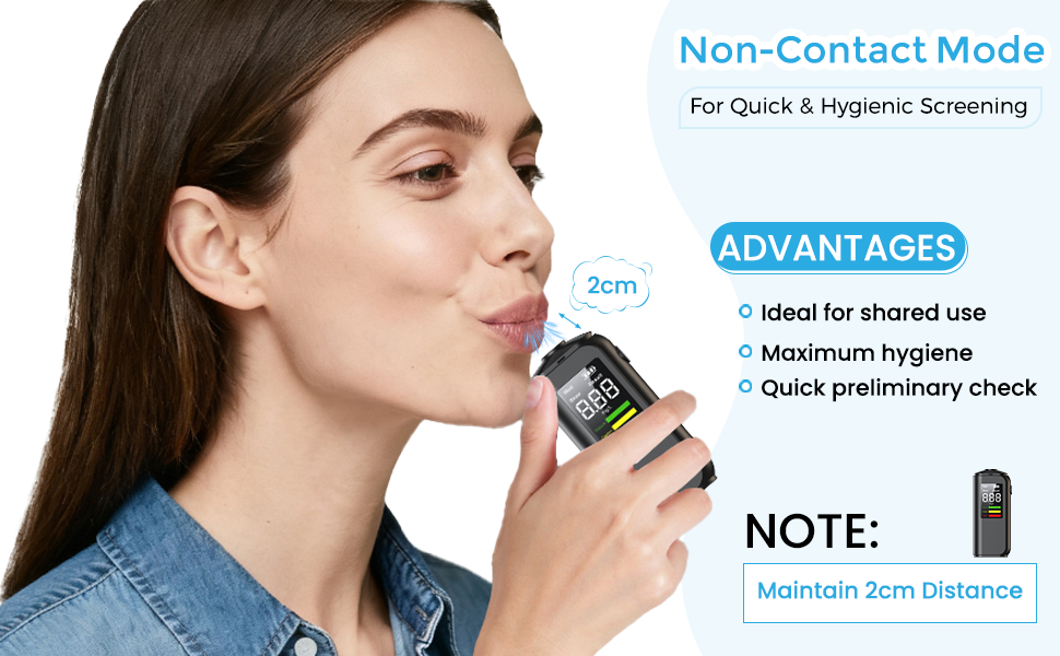 Text reads 'Non-Contact Mode', 'ADVANTAGES'. Product demonstration showing thermometer use and feature diagram with bullet points.